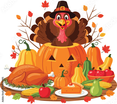 A cartoon turkey wearing a pilgrim hat sits atop a carved pumpkin surrounded by a festive Thanksgiving meal on a wooden platter with autumn leaves.