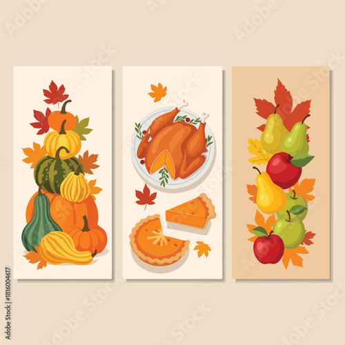 Three vertical illustrations of seasonal food and fruits for thanksgiving with autumn leaves on white and beige backgrounds.