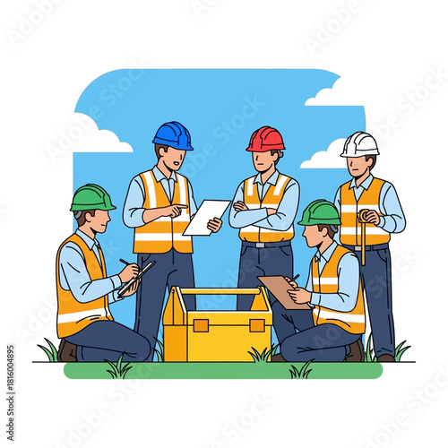 Group of construction workers in hard hats and safety vests discussing plans near a toolbox.