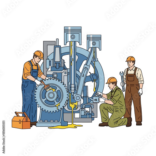 Three mechanics in hard hats and overalls performing maintenance on a large industrial engine with gears and pistons, showing a detailed mechanical repair process.