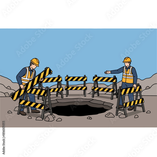 Two construction workers placing barricades around a large hole in the ground for safety.