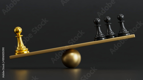 Golden Chess Pawn Balances Black Pawns on Seesaw: Symbolizing Strategic Leverage & Dominance