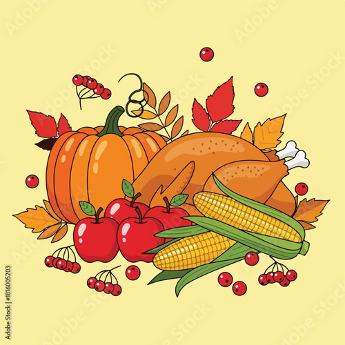 A vibrant still life of a roasted turkey with pumpkin, corn on the cob, and fall foliage, symbolizing a traditional thanksgiving feast.