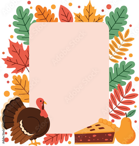 A colorful Thanksgiving-themed border featuring a turkey, leaves, pie, and pear on a light pink background with a mix of warm autumnal tones and playful illustration style.