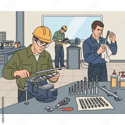 Three skilled workers in a workshop performing various tasks like filing, grinding, and cleaning tools.