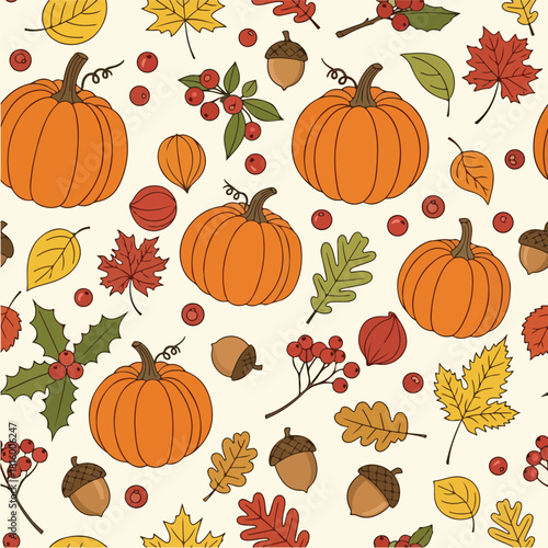 A seamless pattern of pumpkins, leaves, acorns, and berries on a cream background, evoking a warm and cozy autumnal atmosphere, perfect for thanksgiving designs.