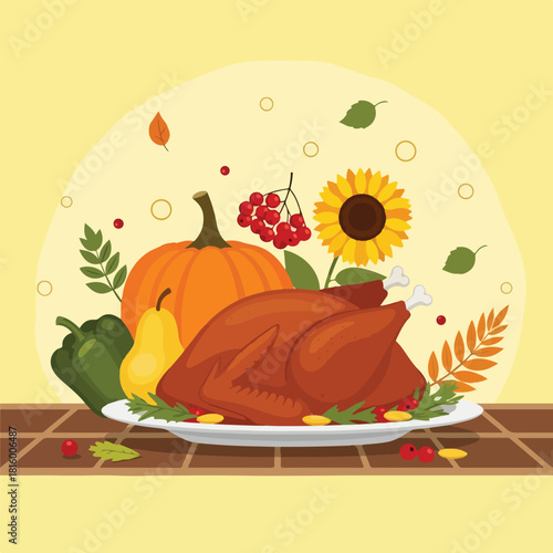 A vibrant flat lay of a roasted turkey on a plate with pumpkin, sunflower, and fall leaves on a brown table against a yellow background for thanksgiving celebration.