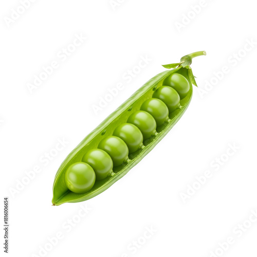 A close up shot of a green pea pod with peas inside against a plain black studio background view on transparent background