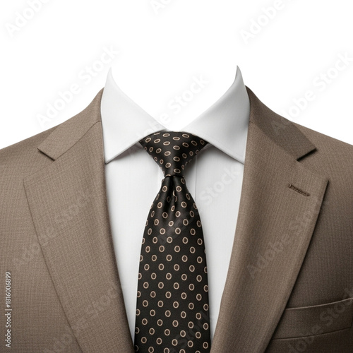 Close up of a tan suit with a white shirt and a dark tie with white circles on a black background on transparent background