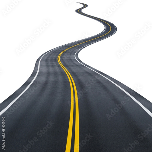 Winding asphalt road with yellow and white lines receding into the distance on a black background on transparent background