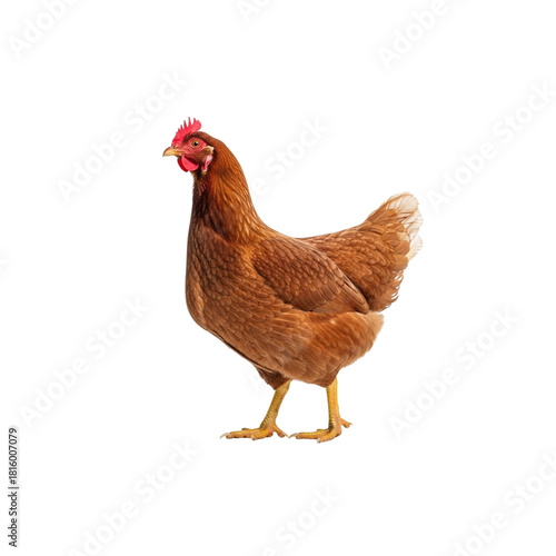 A single brown hen standing in a black background with red comb and yellow legs looking to the left on transparent background