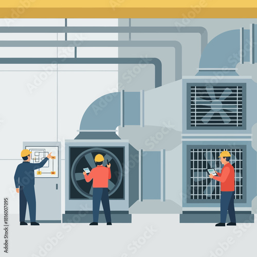 Three engineers in hard hats inspecting and maintaining a large industrial HVAC and ventilation system in a factory.