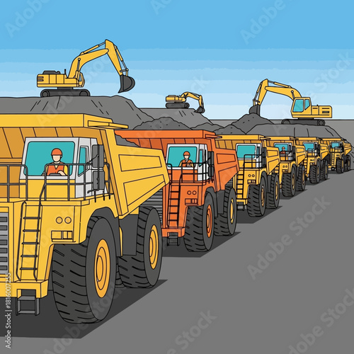 An illustration of heavy machinery loading material into a line of large dump trucks at a construction site.