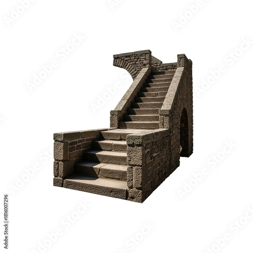 Stone staircase with archway and stone railing against a black background in a studio setting on transparent background