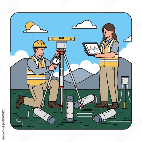Surveyors working with equipment in a field, with mountains and sky in the background.
