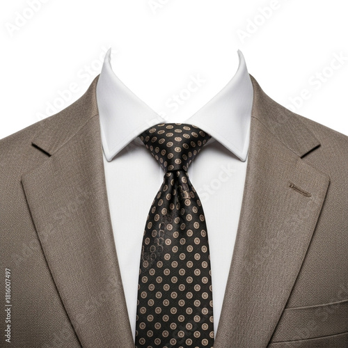 A close up of a suit with a white shirt and a dark tie with a pattern of small white circles on it on transparent background