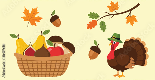 Flat illustration of a turkey wearing a pilgrim hat next to a wicker basket filled with fruits and fall leaves on a pale yellow background, conveying a festive thanksgiving mood.