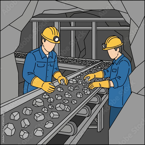 Two miners in hard hats and safety gear sorting rocks and ore on a conveyor belt inside an underground mine.