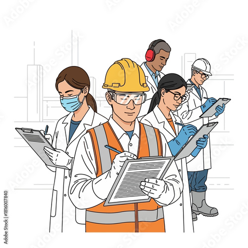 Diverse group of professionals in safety gear and lab coats, holding clipboards and taking notes in an industrial setting.