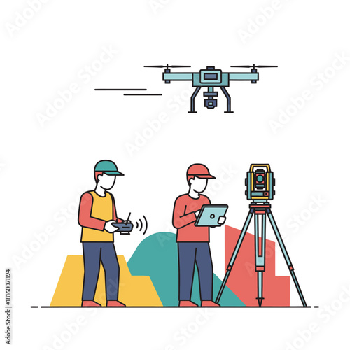Illustration of drone surveying with two people operating equipment and a total station.