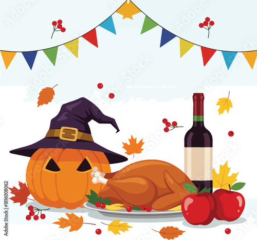 Flat lay of a festive Thanksgiving table setting with a jack-o-lantern wearing a witch hat, roasted turkey, wine bottle, apples, and colorful decorations on a white background with autumn