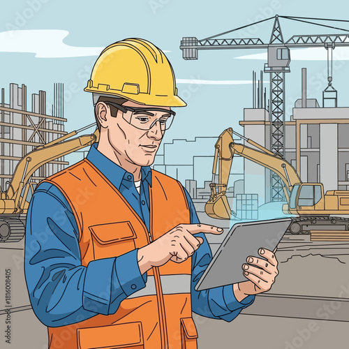 Construction worker using a tablet at a construction site.