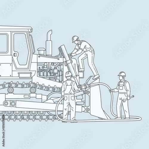 Illustration of three workers repairing a bulldozer, focusing on the engine and hydraulic components.