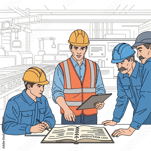Factory supervisor with a tablet leads a team meeting, reviewing a production log with industrial workers in a manufacturing plant.