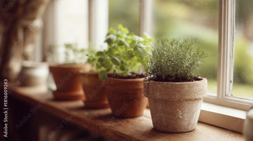 Fototapeta premium Window sill with three potted plants on it. the window is open and the view outside is blurred, but it appears to be a garden or a greenhouse.