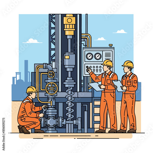 Industrial workers in orange jumpsuits and hard hats performing maintenance on a large drilling rig or machinery with controls and valves.
