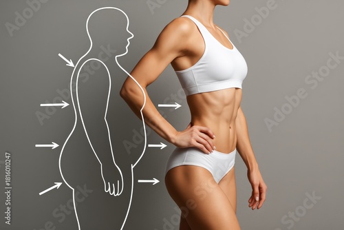 Fit woman in white sportswear with weight loss outline showing transformation on gray background, symbolizing fitness progress and body sculpting. Ai generative
