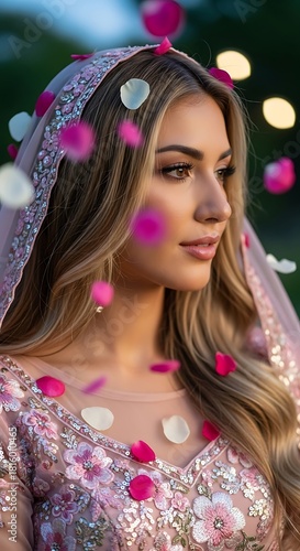 Elegant Woman in Pink Dress with Falling Rose Petals.