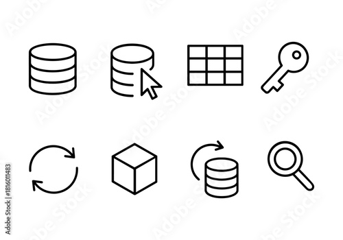 Data management icons set featuring linear database and key symbols