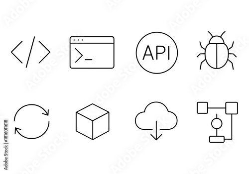 Minimalist coding and software development icons set in outline style
