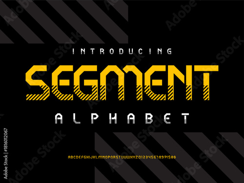 Vector of stylized modern tech alphabet design with uppercase and numbers