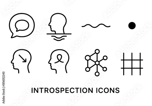 Minimalist introspection icons: mindfulness and communication outline set
