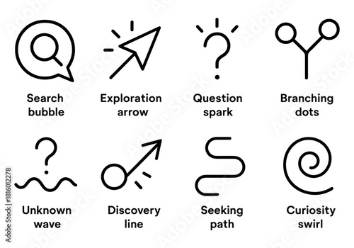 Linear icons of exploration and discovery featuring arrows and question marks