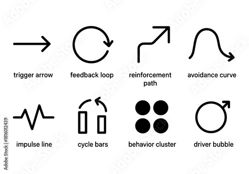 Set of minimalist business process icons with arrows and curves for workflow illustration