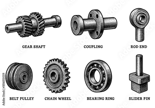 Detailed engravings of mechanical parts: gear, coupling, rod, and more