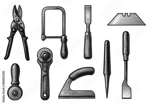 Vintage engraving of artisan tools for craftsmanship and precision