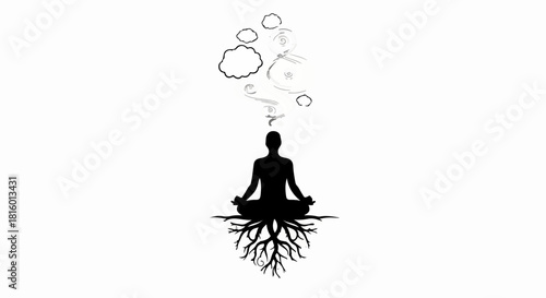 Silhouette of person meditating with roots and abstract thoughts above, symbolizing inner peace and deep thinking.