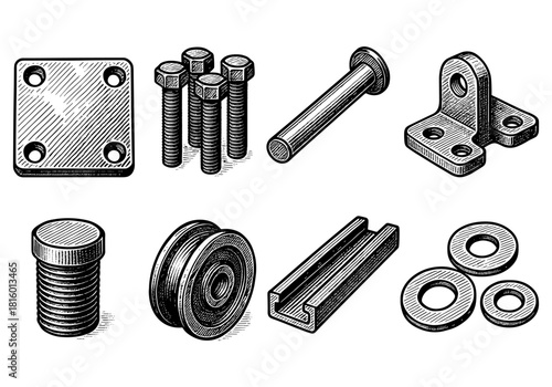Detailed hand-drawn vintage mechanical parts with hatching technique