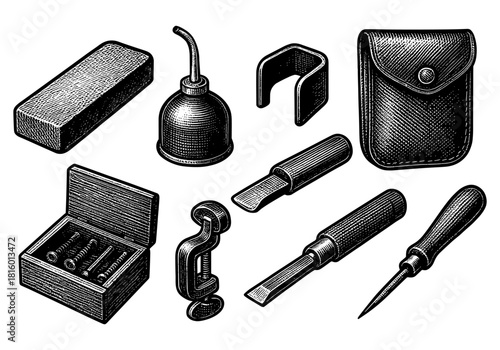 Vintage engraving tool set with classic hand tools and accessories