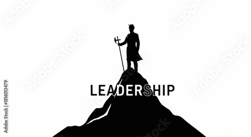 Silhouette of a leader standing triumphantly on a mountaintop, symbolizing achievement and vision.