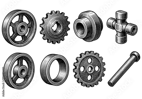 Vintage mechanical gear engravings: retro industrial metal parts