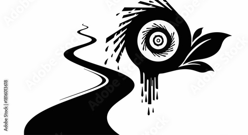 Abstract swirling ink path leading to organic growth and transformation