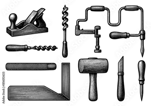 Vintage woodworking hand tools set in engraved style with classic designs