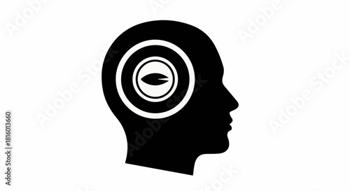 Silhouette of a human head with concentric circles and an abstract eye shape inside, symbolizing thought and perception.