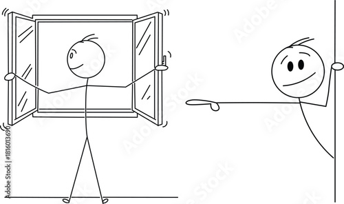 Stick figure opens window, another figure points, showing opportunity and direction Vector