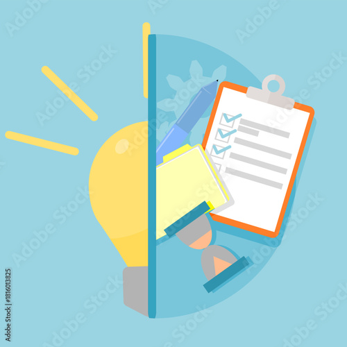 Illustration of half a lamp and half a circle. Concept ideas that emerge from various places.